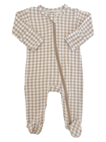 Zip Footie Romper | Tan Gingham - PREORDER