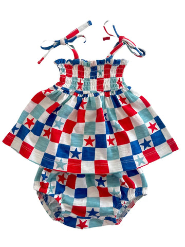 Smocked Ruffle Top & Bloomer Set | Blue USA Checkerboard & Stars - PREORDER