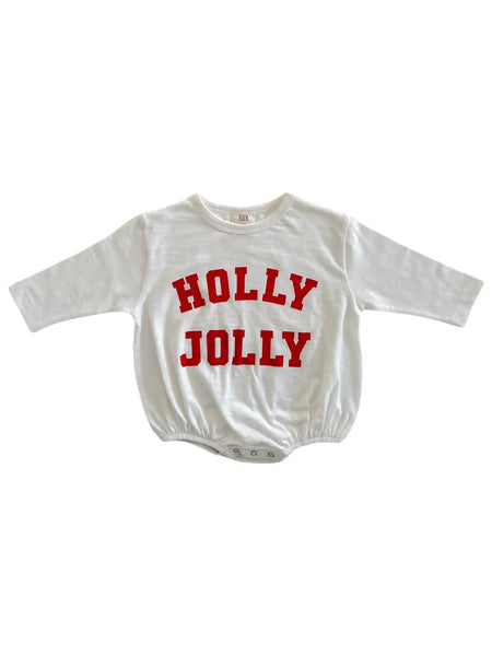 Long Sleeve Bubble Romper | White Holly Jolly - PREORDER