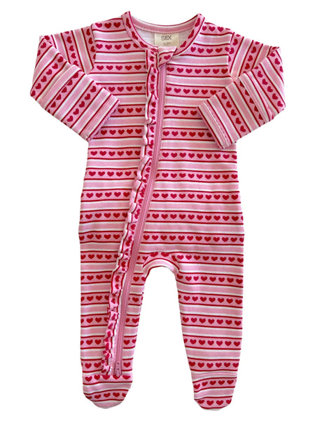 Zip Ruffle Footie Romper | Valentine Stripe - PREORDER