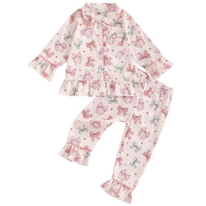 Pink Christmas Bows Ruffles Pajamas - PREORDER