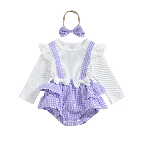 Solid Plaid Overall Ruffles Rompers & Bows (3 Colors) - PREORDER