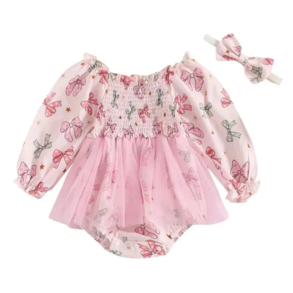 Pink Christmas Bows Tutu Romper Dress & Bow - PREORDER