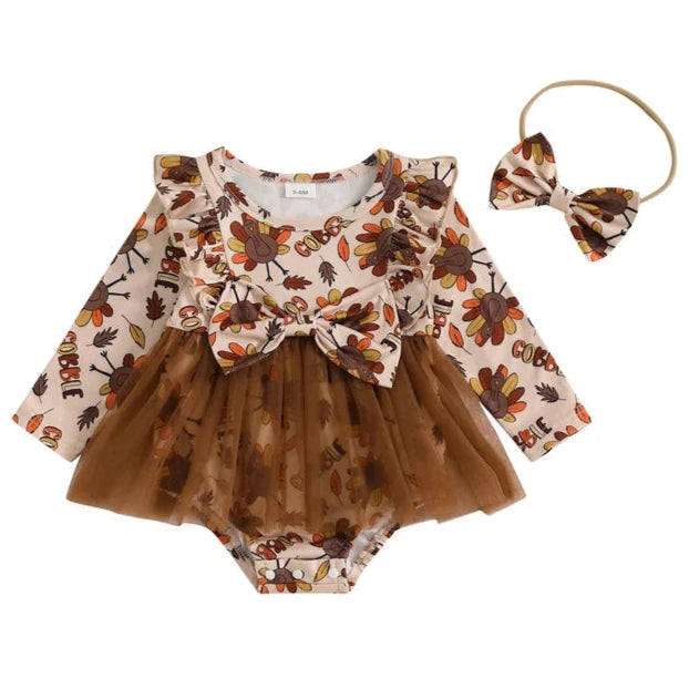 Gobble Turkeys & Leaves Tutu Romper Dress & Bow - PREORDER