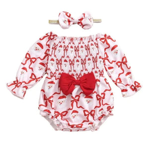 Santas & Big Red Christmas Bows Romper & Bow - PREORDER