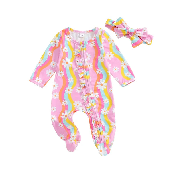 Groovy Daisies Ruffle Zipper Footie Rompers & Bows (3 Colors) - PREORDER