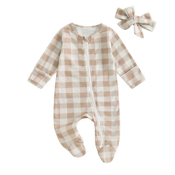 Checkered Waffle Ruffle Zipper Footie Rompers & Bows (2 Colors) - PREORDER