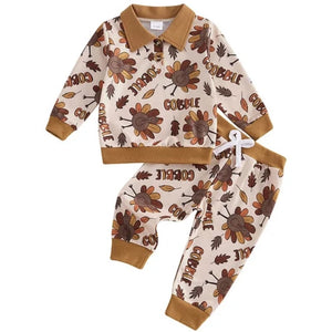 Gobble Turkeys & Leaves Collar Jogger Outfit - PREORDER