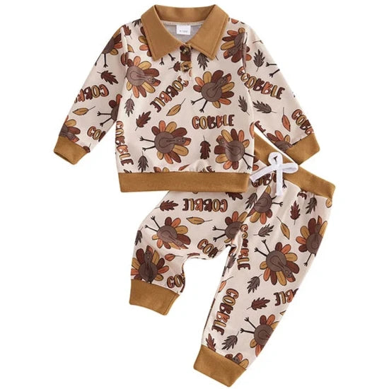 Gobble Turkeys & Leaves Collar Jogger Outfit - PREORDER