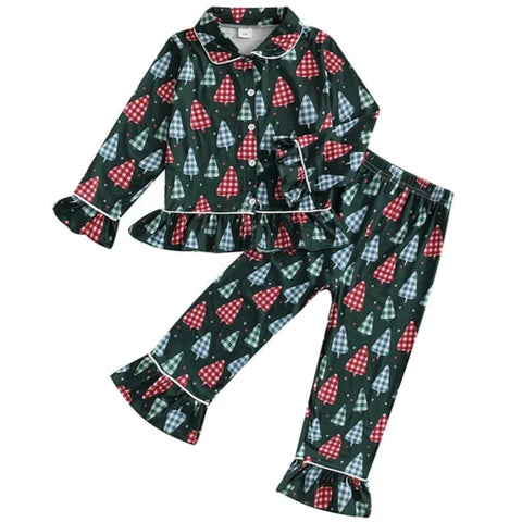 Plaid Christmas Trees Ruffles Pajamas - PREORDER