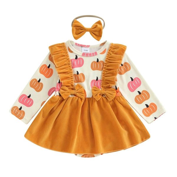 Pink & Orange Pumpkins Corduroy Romper Dress & Bow - PREORDER