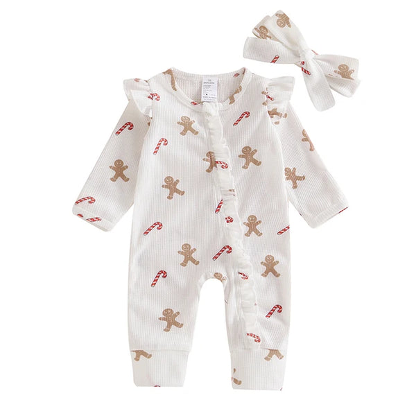 Gingerbreads & Candy Canes Waffle Zipper Rompers & Bows (3 Colors) - PREORDER