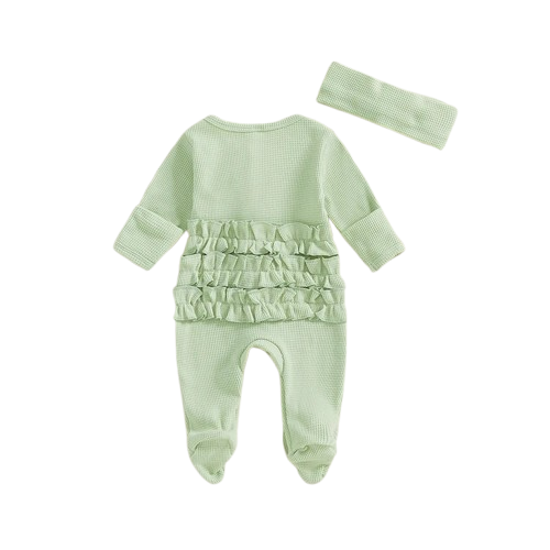 Solid Waffle Ruffle Footie Rompers & Bows (4 Colors) - PREORDER