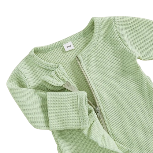 Solid Waffle Ruffle Zipper Footie Rompers & Bows (4 Colors) - PREORDER