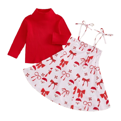 Santas & Big Red Christmas Bows Turtleneck Outfit Dress - PREORDER