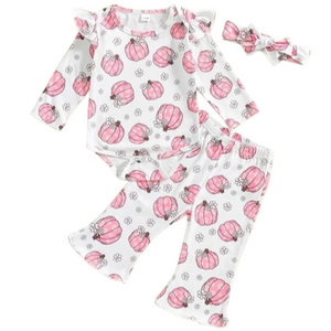 Pink Daisies Pumpkins Ribbed Bells Outfit & Bow - PREORDER