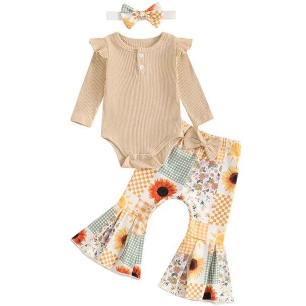 Fall Patchwork Ribbed Bells Outfit & Bow - PREORDER