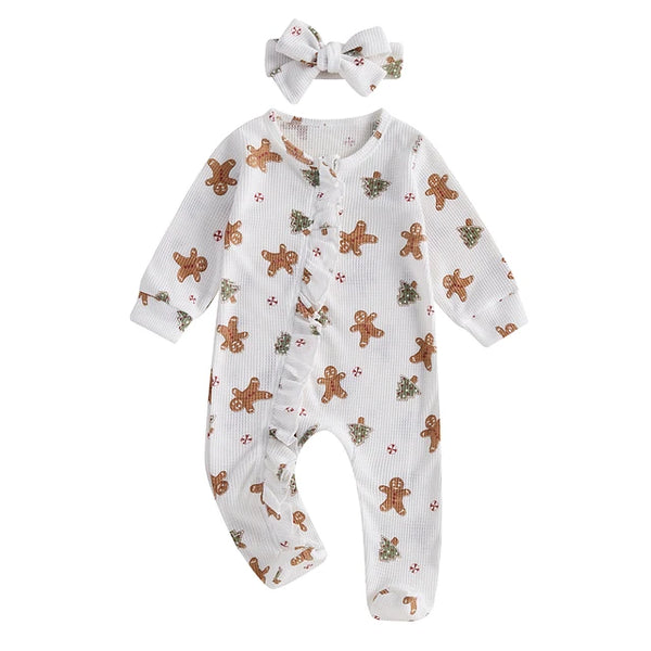 Gingerbreads & Christmas Tress Waffle Zipper Footie Rompers & Bows (3 Colors) - PREORDER