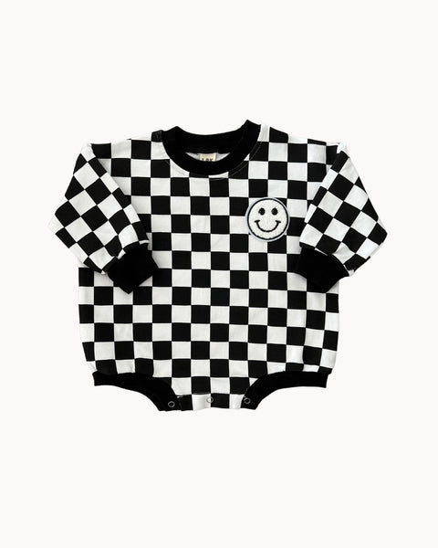 Checkered Smiley Long Sleeve Bubble Romper | Black - PREORDER