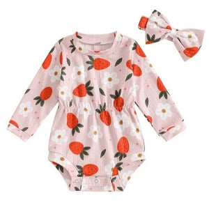 Strawberries & Daisies Ribbed Romper & Bow (2 Styles) - PREORDER