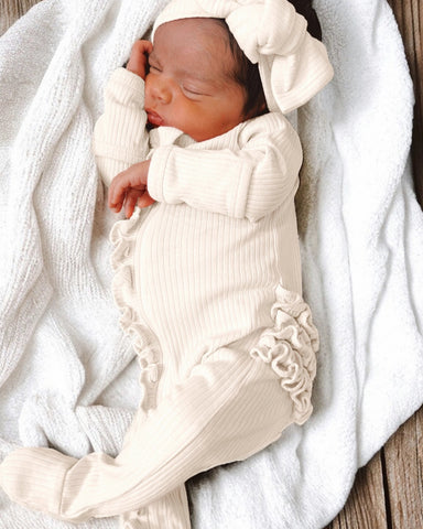 Ribbed Zip Ruffle Footie Romper | Ivory - PREORDER
