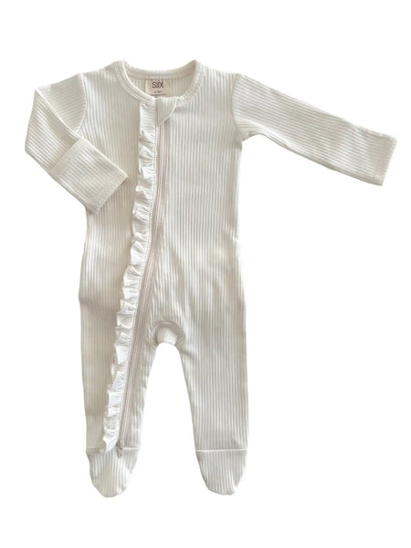 Ribbed Zip Ruffle Footie Romper | Ivory - PREORDER