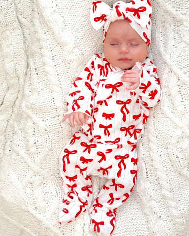Organic Pointelle Kimono & Pant Set | Red Bows - PREORDER