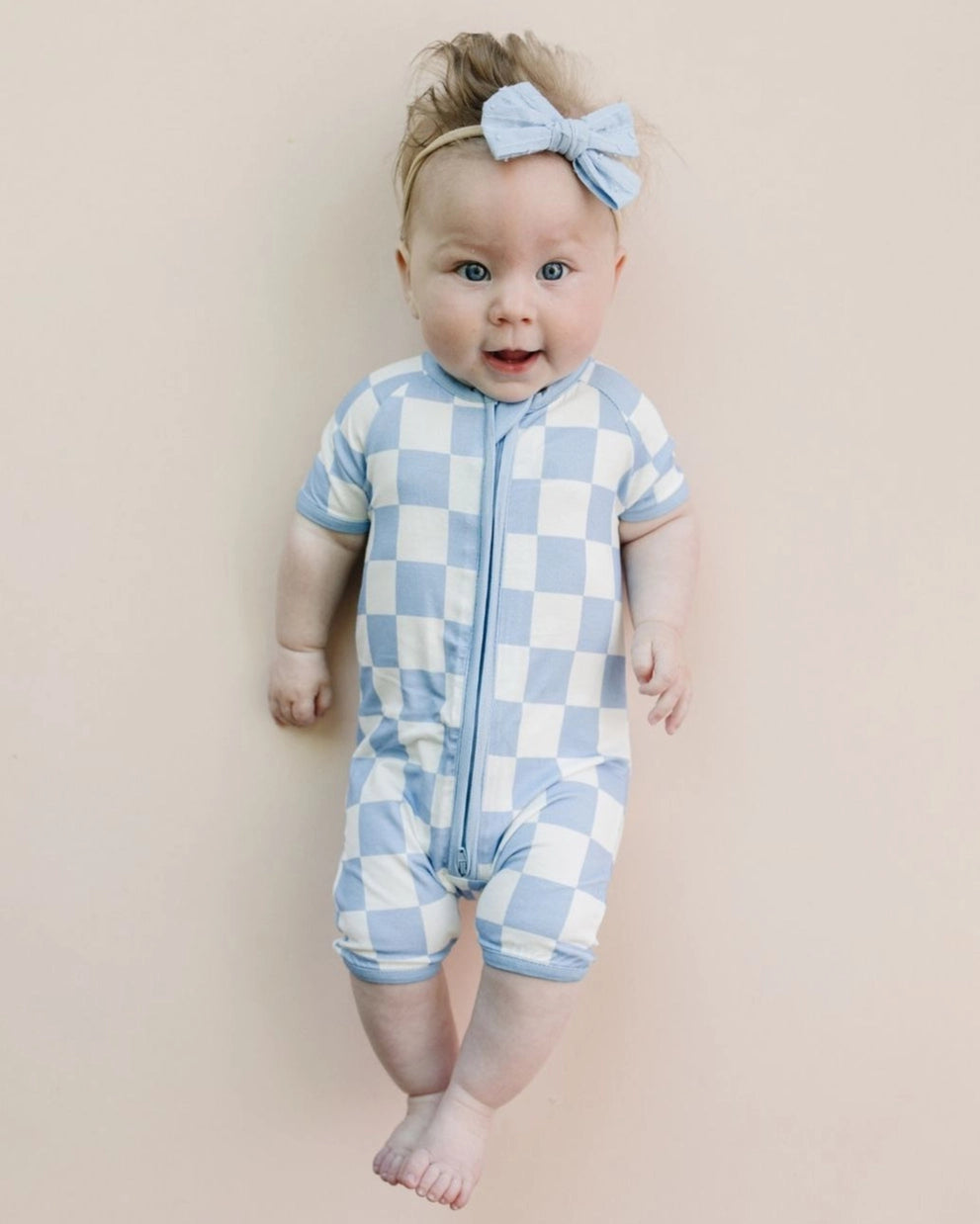 Checkered Bamboo Shorty Romper | Blue - PREORDER