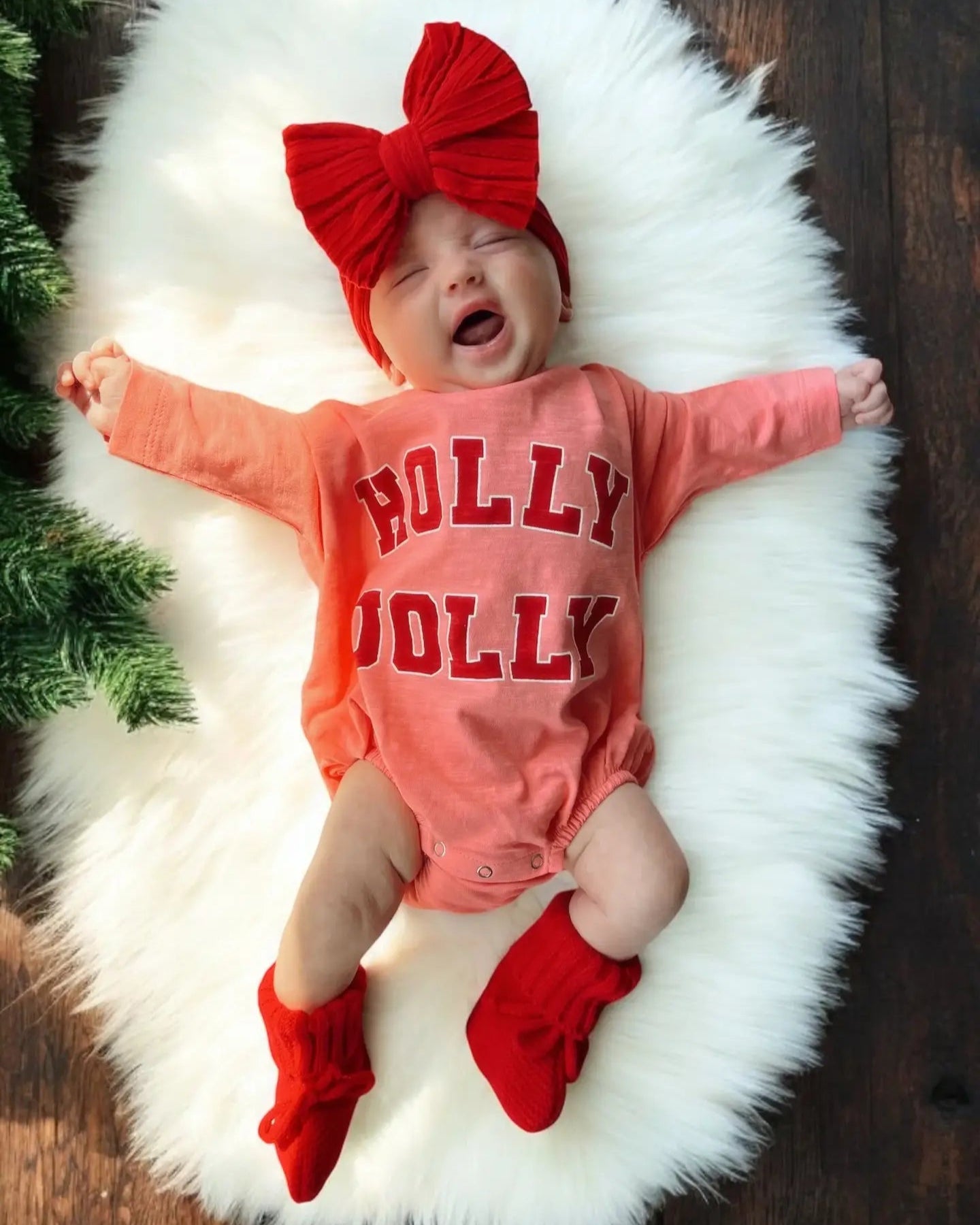 Long Sleeve Bubble Romper | Pink Holly Jolly - PREORDER