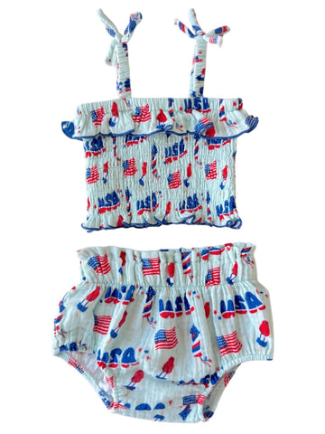 4th of July Smocked Ruffle Top & Bloomer Set | Blue - PREORDER