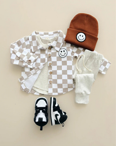 Shacket | Smiley Checkered Latte - PREORDER