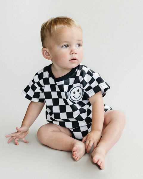 Checkered Smiley Short Sleeve Bubble Romper | Black - PREORDER