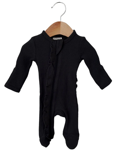 Waffle Zip Ruffle Footie Romper | Black - PREORDER