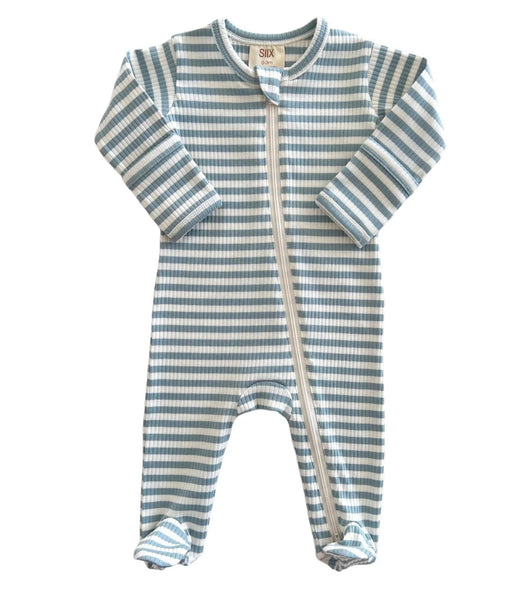 Ribbed Zip Footie Romper | Dusty Blue Stripes - PREORDER