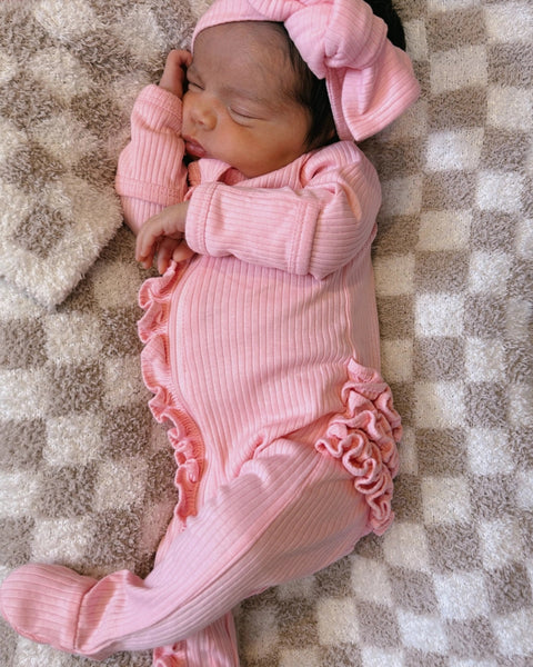 Ribbed Zip Ruffle Footie Romper | Pink - PREORDER