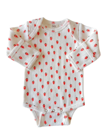 Organic Pointelle Long Sleeve Bodysuit | White Strawberry - PREORDER