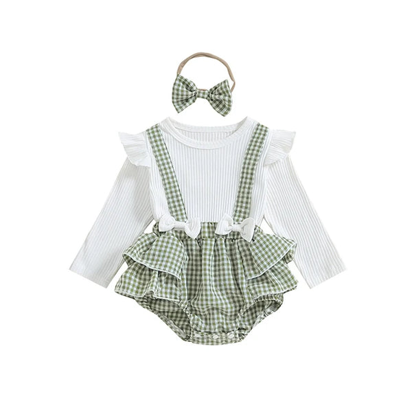 Solid Plaid Overall Ruffles Rompers & Bows (3 Colors) - PREORDER