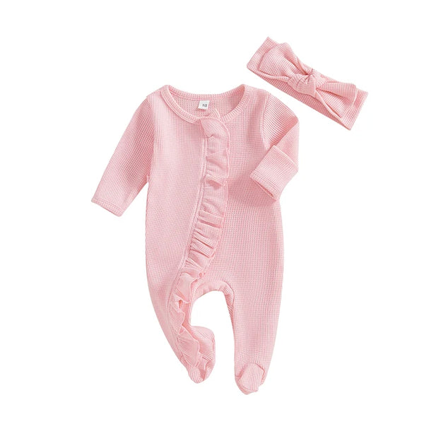 Solid Waffle Ruffle Zipper Footie Rompers & Bows (4 Colors) - PREORDER