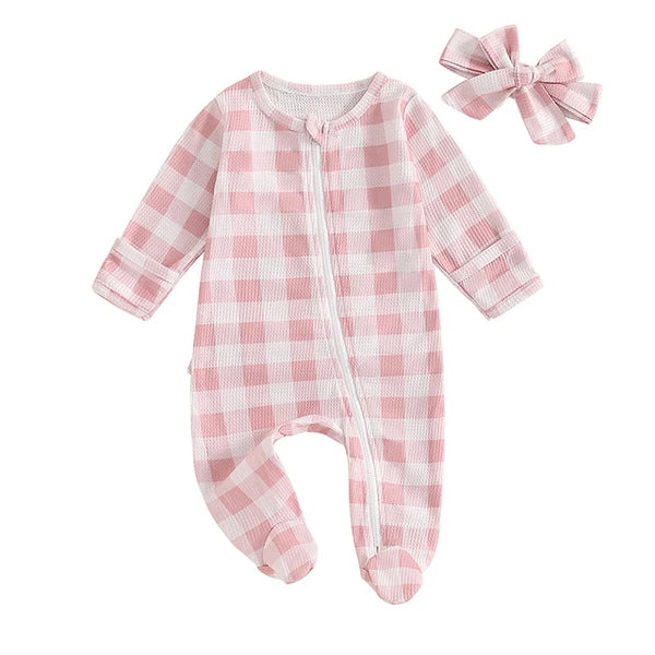 Checkered Waffle Ruffle Footie Rompers & Bows (2 Colors) - PREORDER