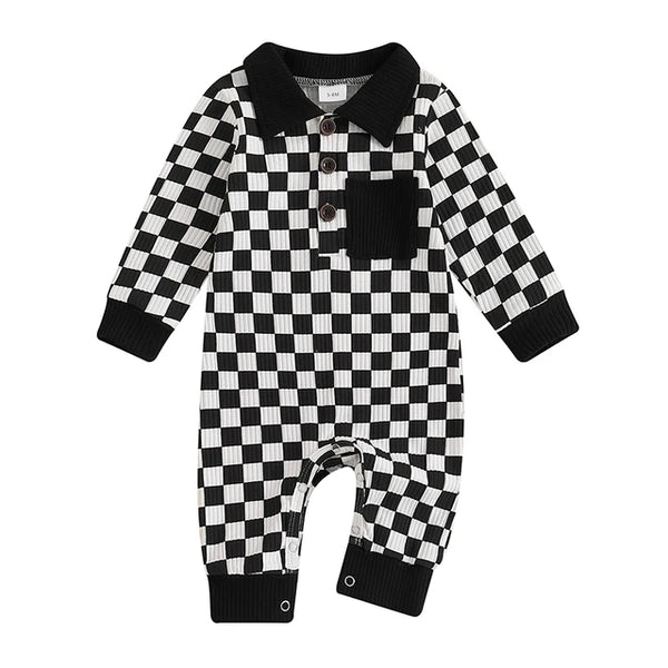 Checkered Ribbed Collar Pants Rompers (3 Colors) - PREORDER