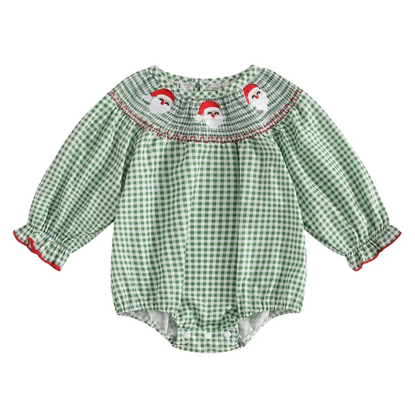 Plaid Smocked Santas & Gingerbreads Embroidered Romper - PREORDER