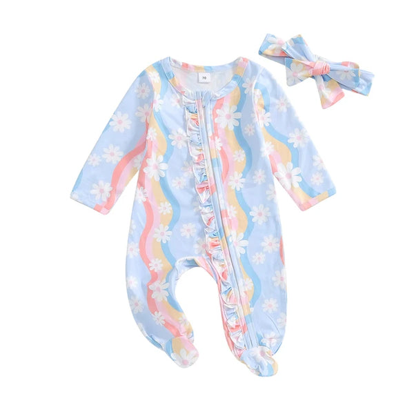 Groovy Daisies Ruffle Zipper Footie Rompers & Bows (3 Colors) - PREORDER