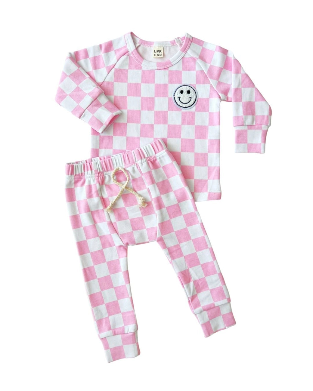 Checkered Smiley Top & Pants Set | Pink - PREORDER