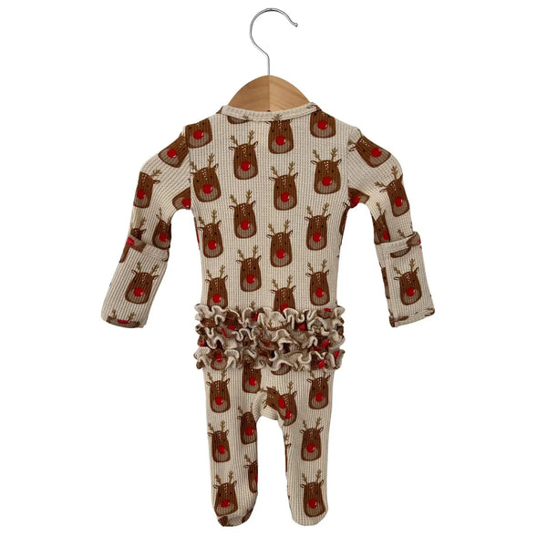 Waffle Zip Ruffle Footie Romper | Reindeer - PREORDER