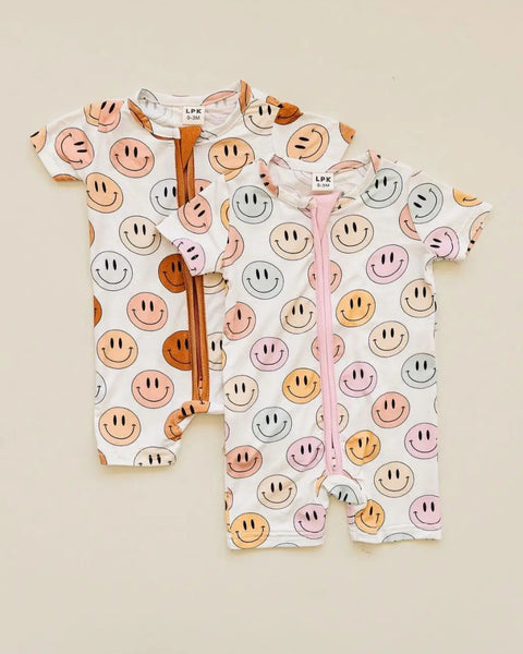 Smiley Bamboo Shorty Romper | Pink - PREORDER