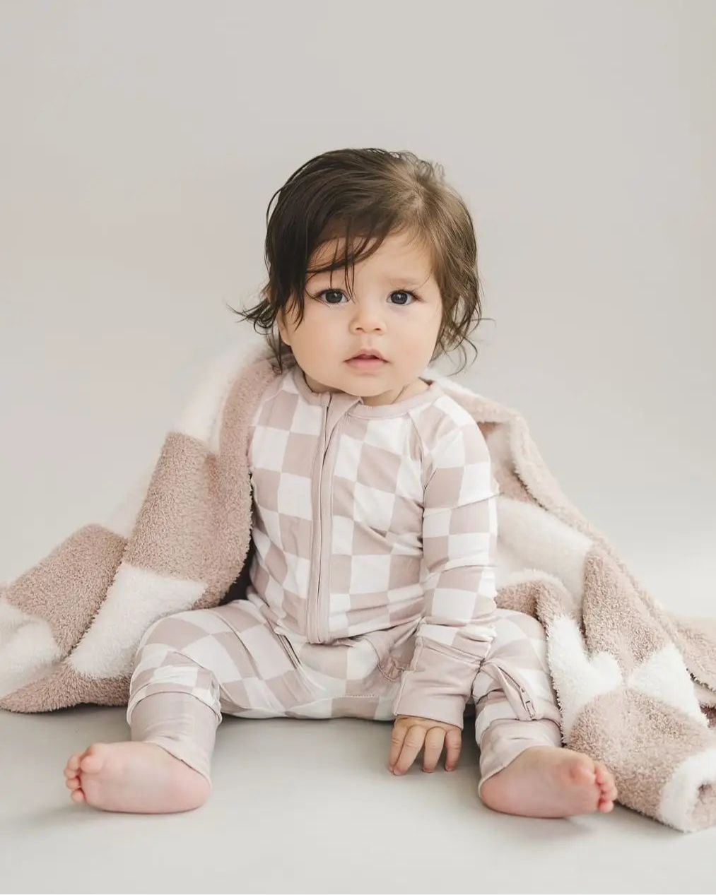 Checkered Plush Baby Blanket | Latte - PREORDER