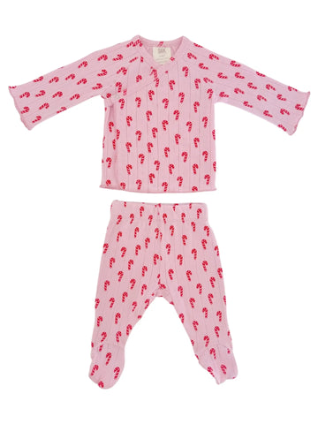Organic Pointelle Kimono & Pant Set | Pink Candy Cane - PREORDER
