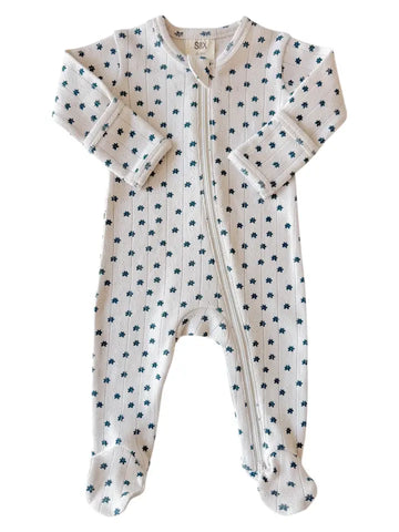 Organic Pointelle Zip Footie | Blue Flower - PREORDER