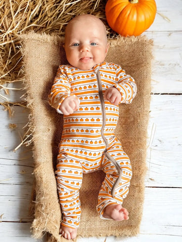 Zip Romper | Orange Pumpkin Stripe - PREORDER