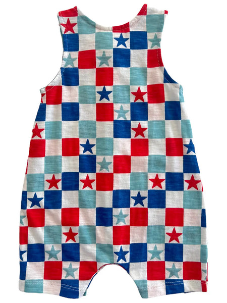 Tank Button Shorts Romper | Blue USA Checkerboard & Stars - PREORDER